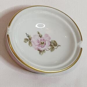 VTG Ashtray Royal Bavaria Germany Glass Ceramic Glazed Pink Flower Gold Trim